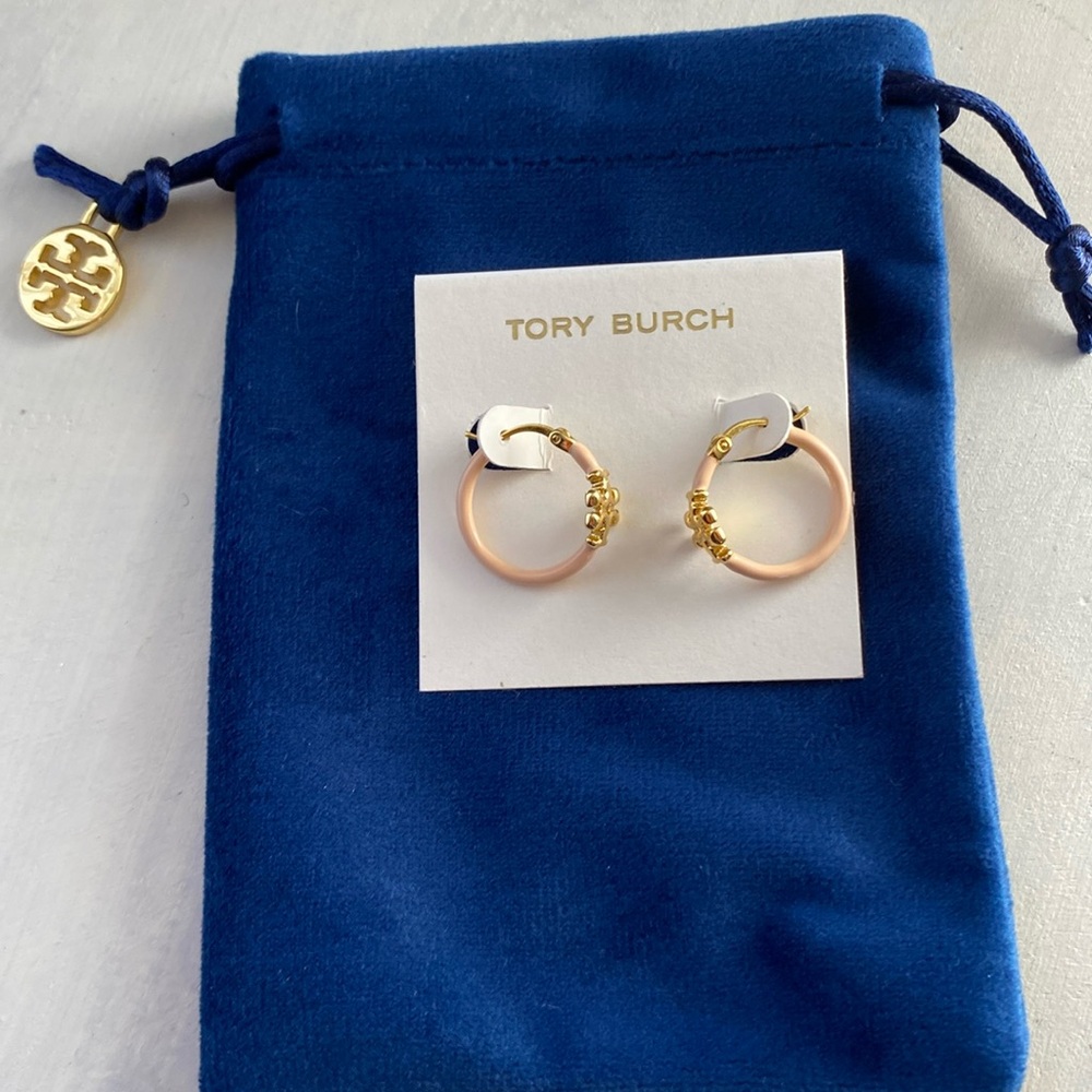 Tori Burch Light Peach enamel Gold  signature Hoops - Picture 2 of 4